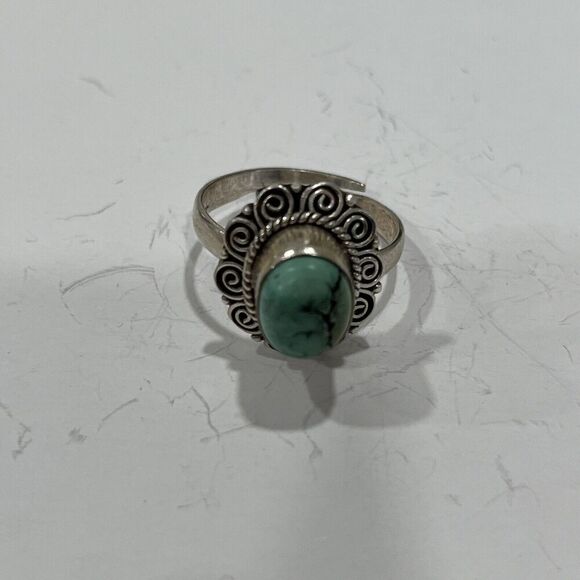 Vintage Ornate Turquoise Sterling Silver Ring Size 8 Approx 8 grams Adjustable - Picture 1 of 12